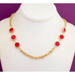 Vintage Red Rhinestones Gold Tone Chain Elegant Necklace 29 inch - V12
